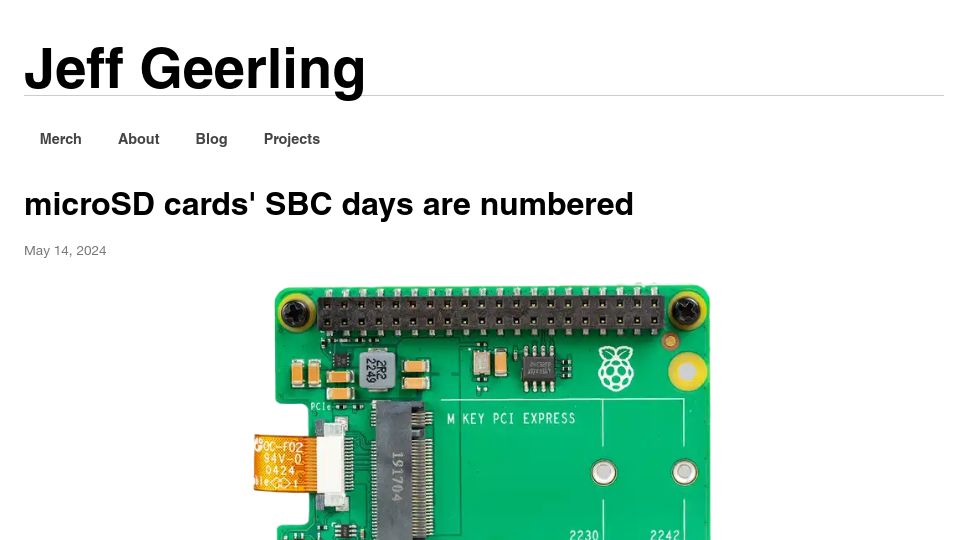 Screenshot of jeffgeerling.com: MicroSD cards' SBC days are numbered