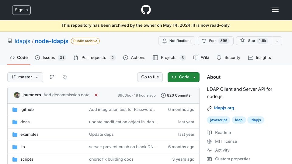 Screenshot of github.com: LDAPjs decomissioned by maintainer over hateful email