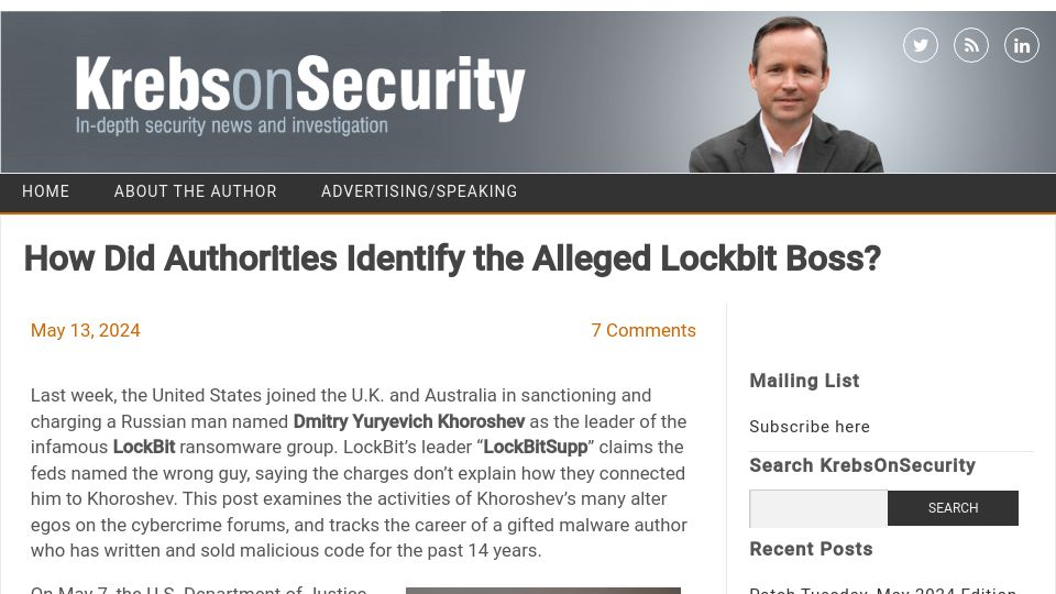 Screenshot of krebsonsecurity.com: How did authorities identify the alleged LockBit boss?
