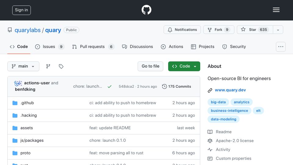Screenshot of github.com: Show HN: Open-source BI and analytics for engineers