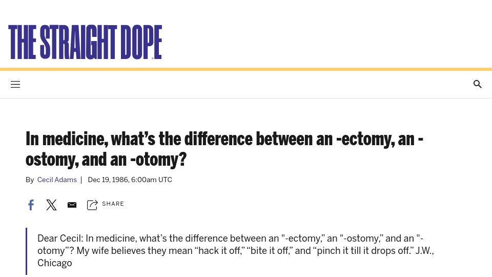 Screenshot of straightdope.com: What’s the difference between an -ectomy, an -ostomy, and an -otomy? (1986)