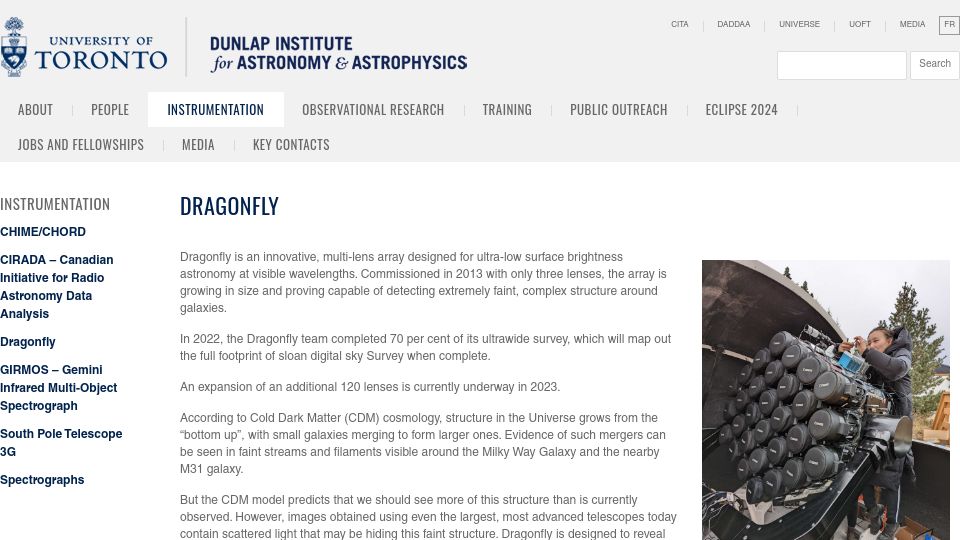 Screenshot of dunlap.utoronto.ca: Dragonfly: An optical telescope built from an array of off-the-shelf Canon lens