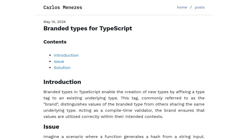 Screenshot of carlos-menezes.com: Branded types for TypeScript