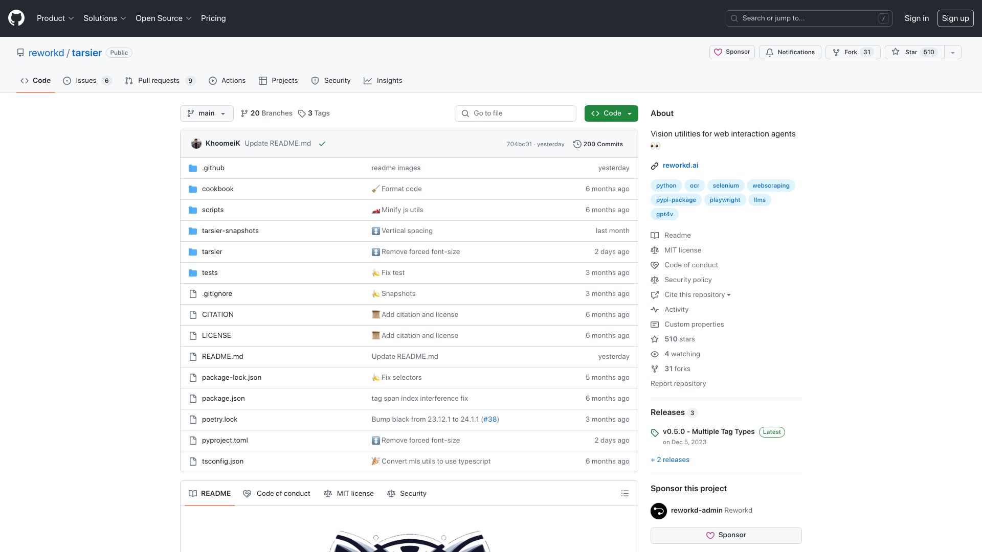 Screenshot of github.com: Show HN: Tarsier – Vision utilities for web interaction agents