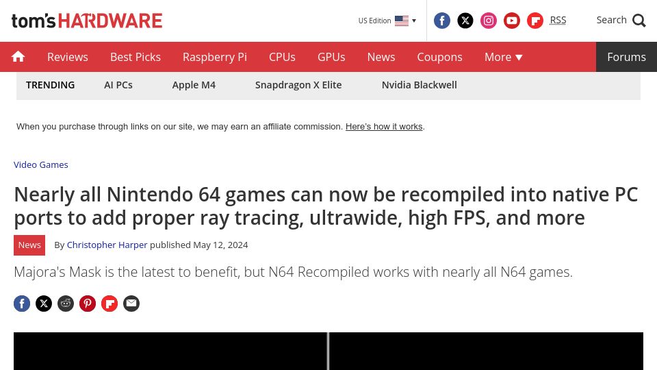 Screenshot of tomshardware.com: Nearly all Nintendo 64 games can now be recompiled into native PC ports