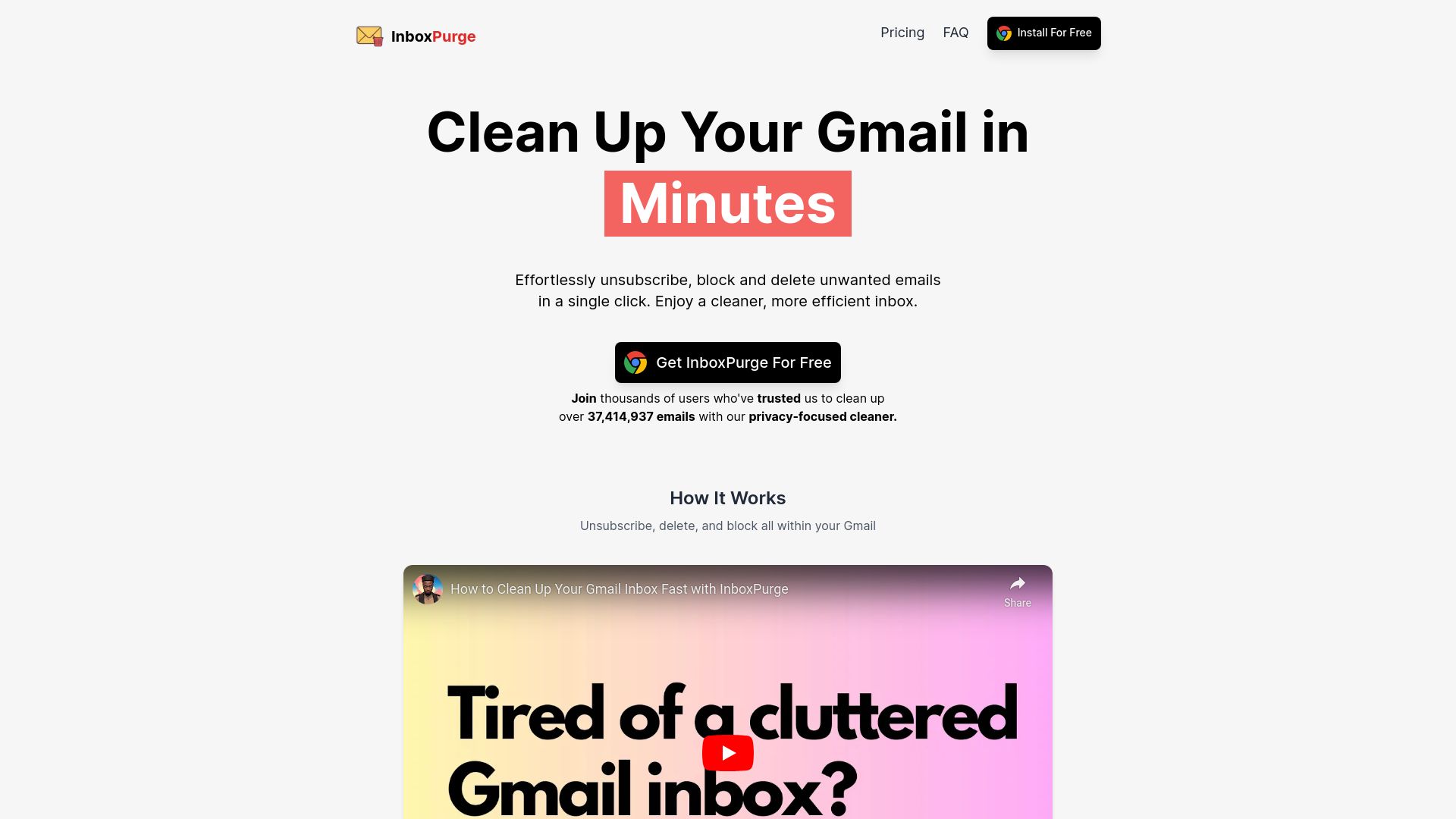 Screenshot of inboxpurge.com: Show HN: I made a Chrome extension to clean up your Gmail inbox locally