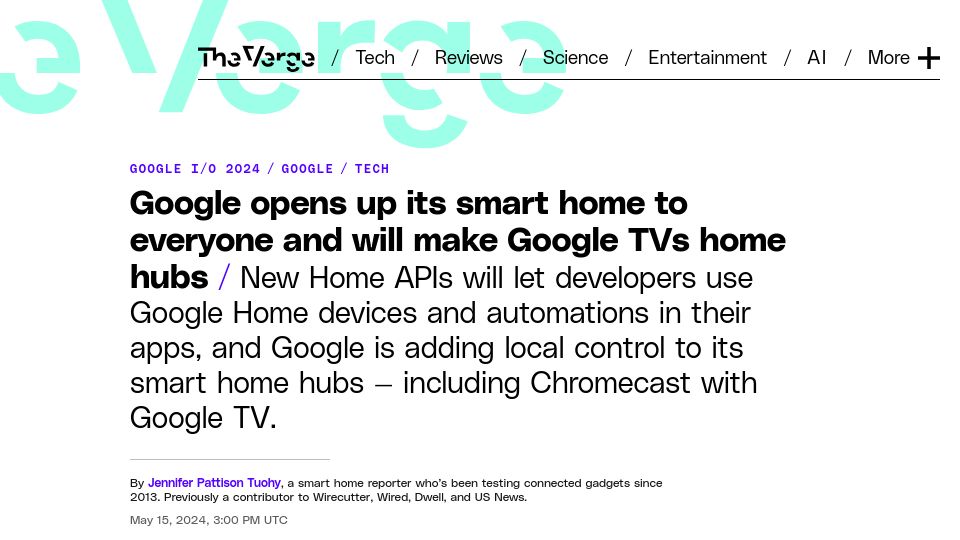 Screenshot of theverge.com: Google opens up its smart home to everyone and will make Google TVs home hubs