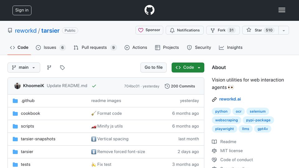 Screenshot of github.com: Show HN: Tarsier – Vision utilities for web interaction agents