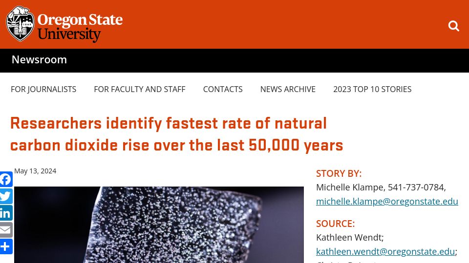 Screenshot of today.oregonstate.edu: Fastest rate of natural carbon dioxide rise over the last 50k years