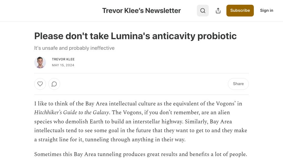 Screenshot of trevorklee.substack.com: Reasons not to take Lumina's anticavity probiotic
