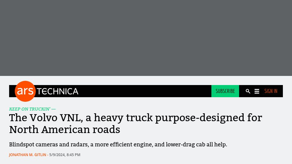 Screenshot of arstechnica.com: The Volvo VNL, a heavy truck purpose-designed for North American roads