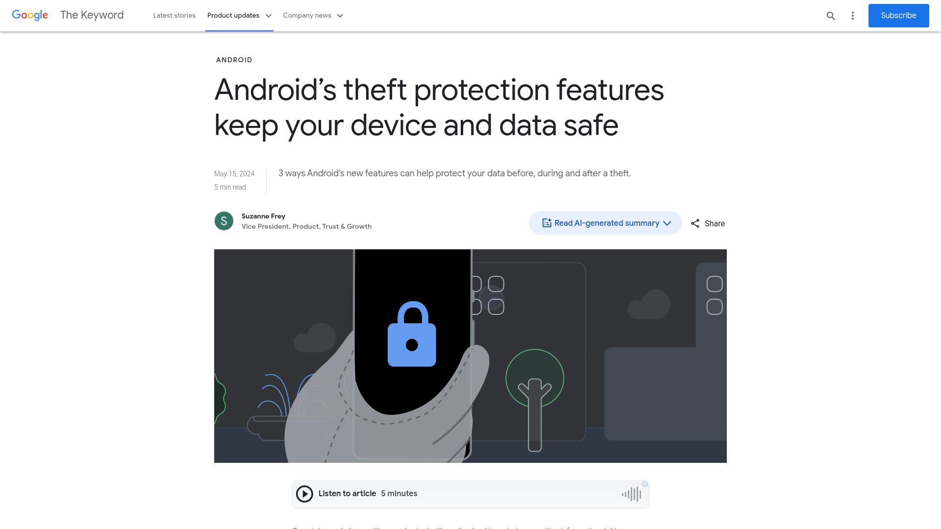 Screenshot of blog.google: Android's theft protection features