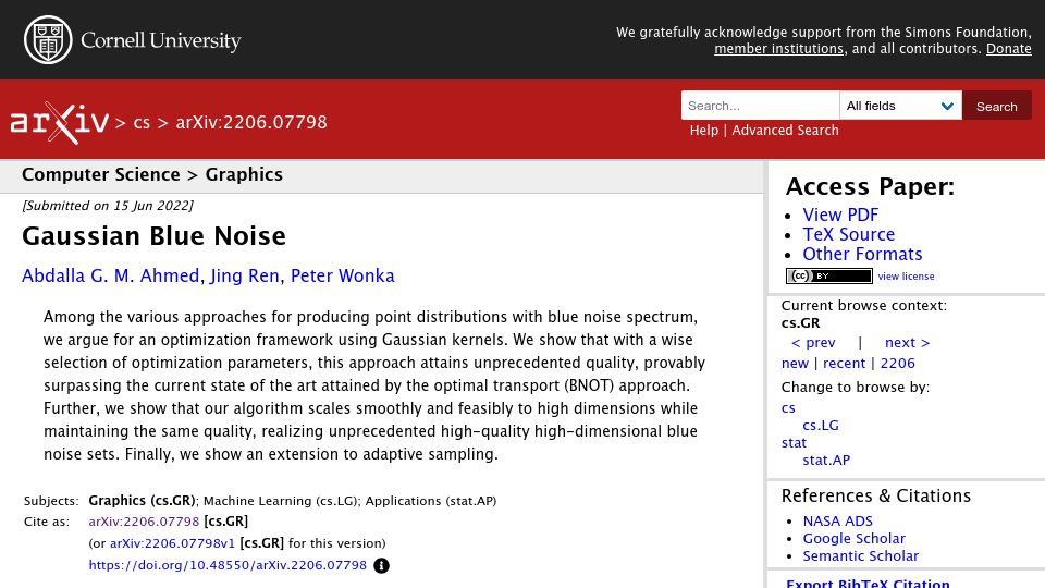 Screenshot of arxiv.org: Gaussian Blue Noise (2022)