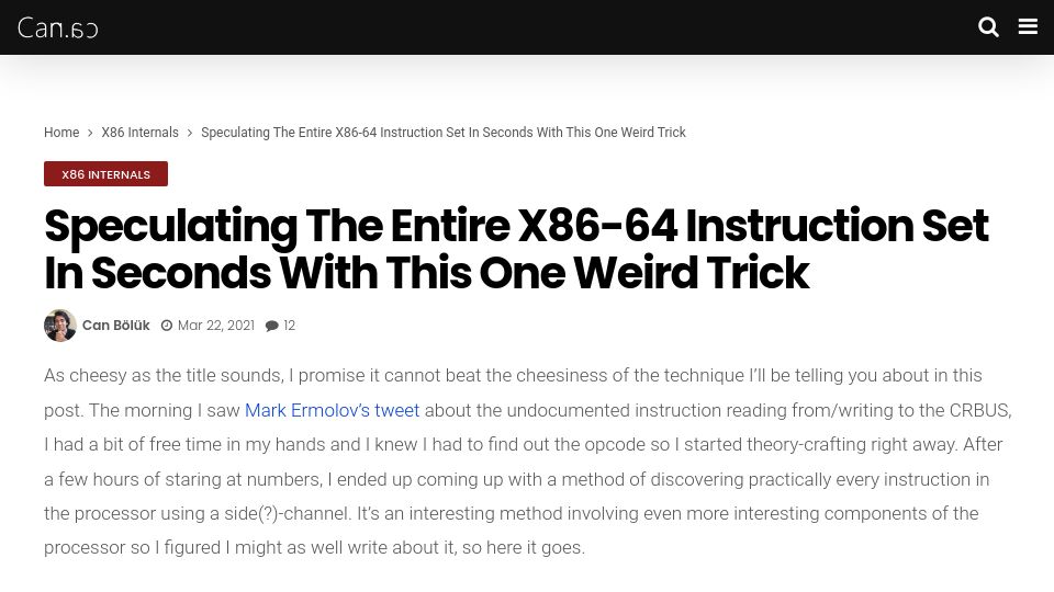 Screenshot of blog.can.ac: Speculating the entire x86-64 instruction set in seconds (2021)