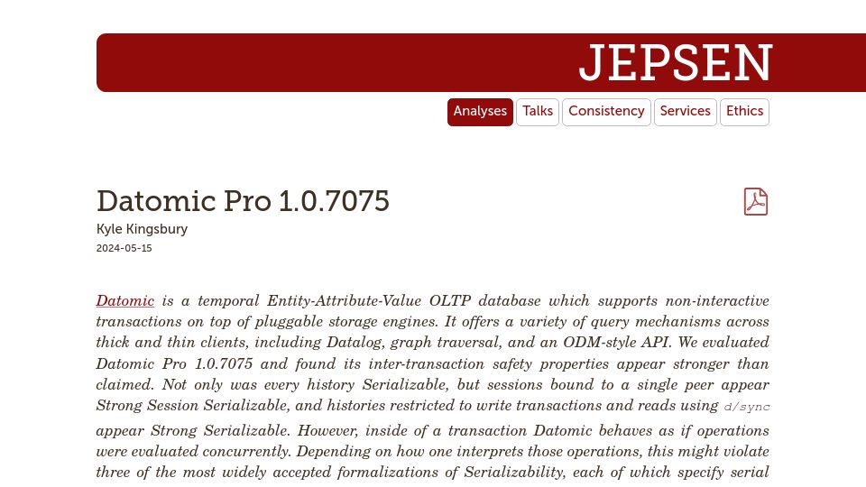 Screenshot of jepsen.io: Jepsen: Datomic Pro 1.0.7075