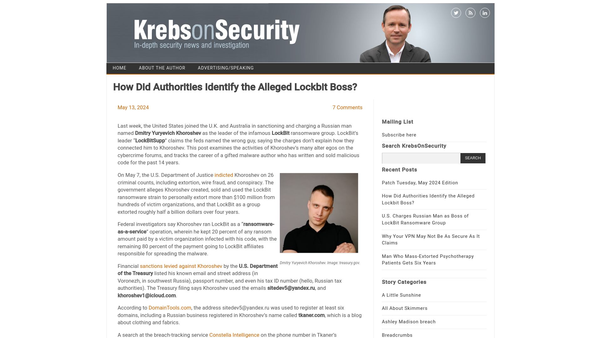 Screenshot of krebsonsecurity.com: How did authorities identify the alleged LockBit boss?
