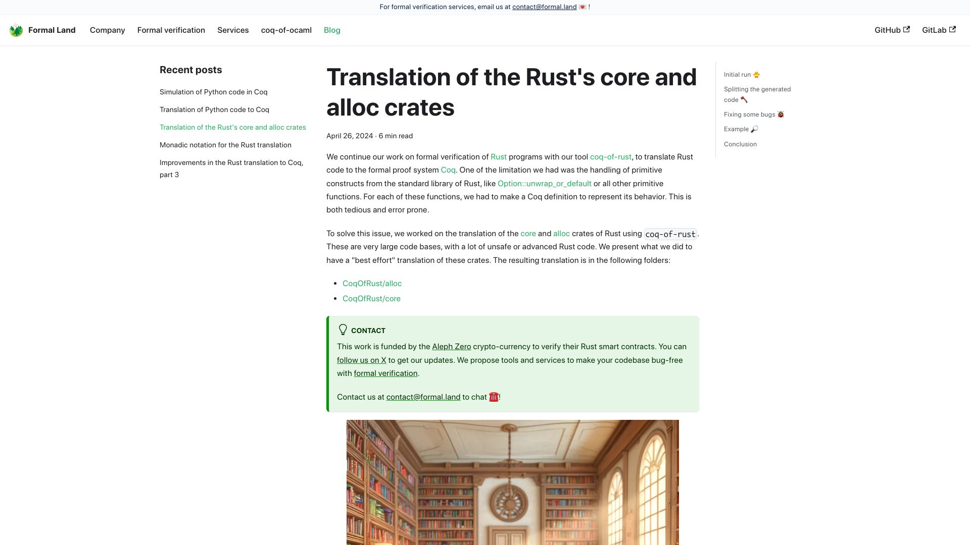 Screenshot of formal.land: Translation of Rust's core and alloc crates to Coq for formal verification