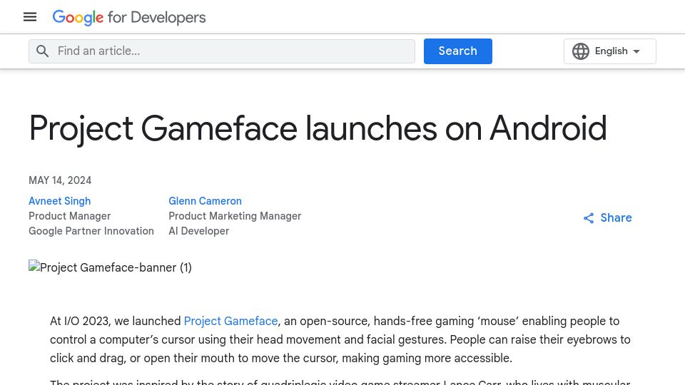 Screenshot of developers.googleblog.com: Project Gameface launches on Android