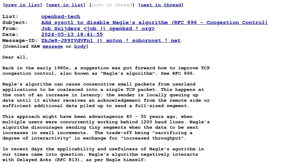 Screenshot of marc.info: Add sysctl to disable Nagle's algorithm (RFC 896 – Congestion Control)