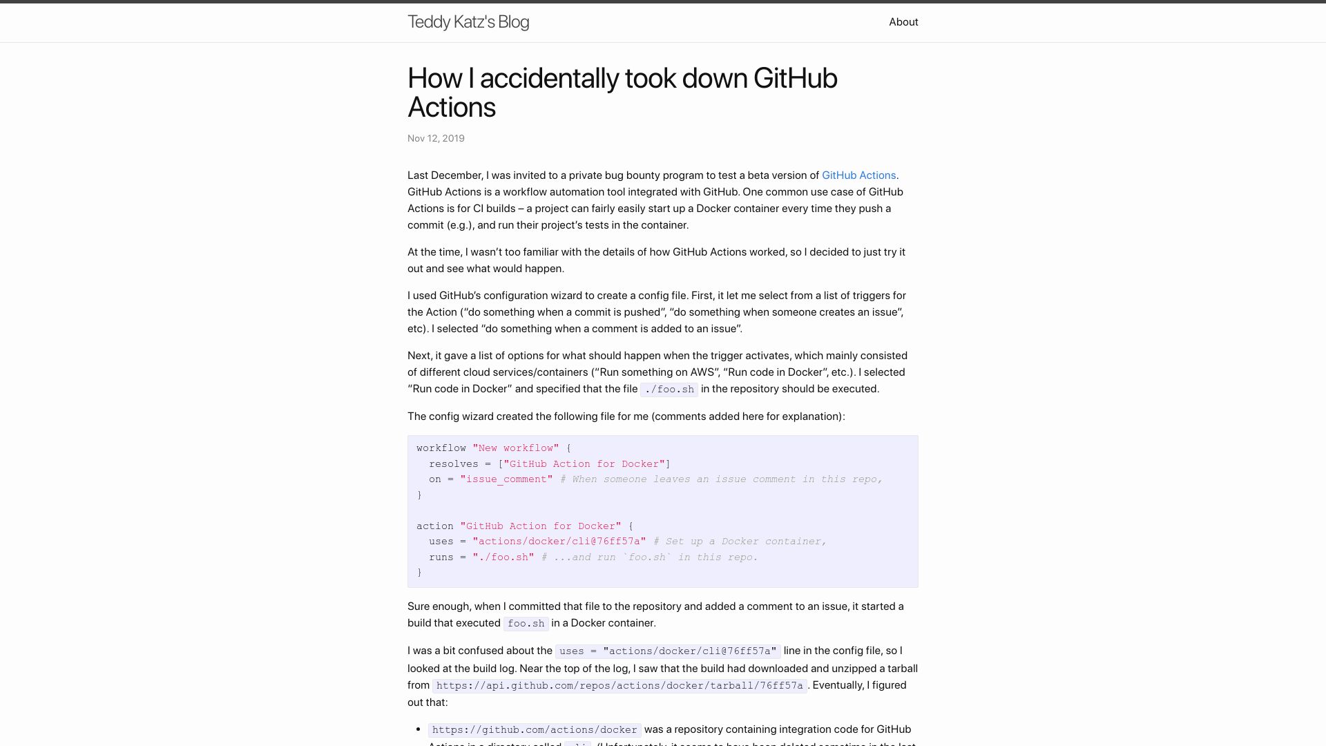 Screenshot of blog.teddykatz.com: Accidentally breaking GitHub Actions with a shorthash collision (2019)