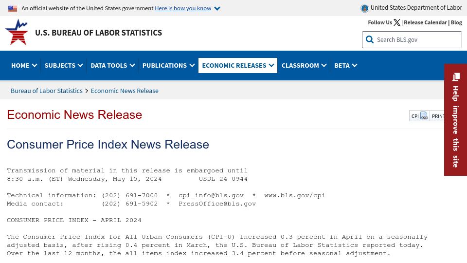 Screenshot of bls.gov: CPI for all items rises 3.6%; shelter and gasoline up