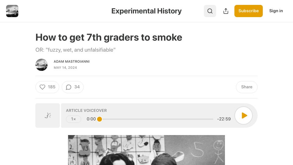 Screenshot of experimental-history.com: How to get 7th graders to smoke