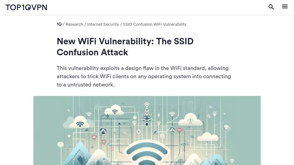 Screenshot of top10vpn.com: New WiFi Vulnerability: The SSID Confusion Attack