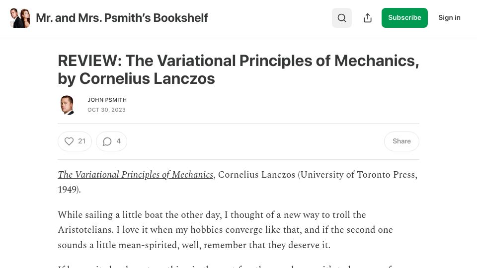 Screenshot of thepsmiths.com: Review: The Variational Principles of Mechanics