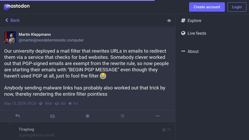 Screenshot of nondeterministic.computer: Starting emails with "BEGIN PGP MESSAGE" will fool the filter