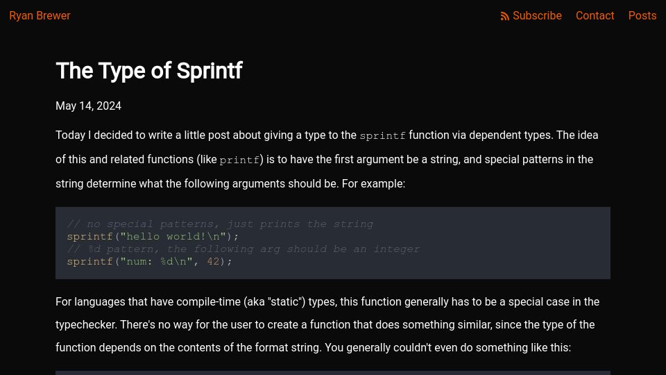 Screenshot of ryanbrewer.dev: The Type of Sprintf