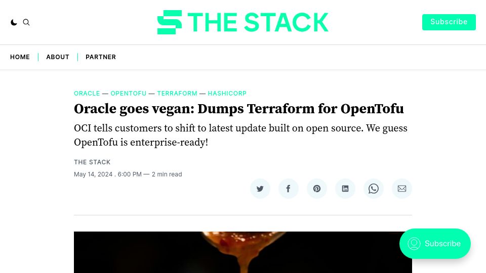 Screenshot of thestack.technology: Oracle dumps Terraform for OpenTofu