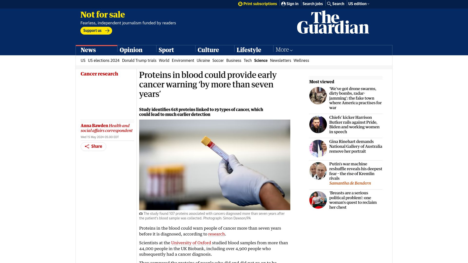 Screenshot of theguardian.com: Proteins in blood could provide early cancer warning 'by more than seven years'