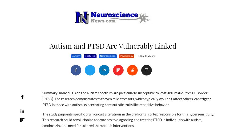 Screenshot of neurosciencenews.com: Autism and PTSD Are Vulnerably Linked