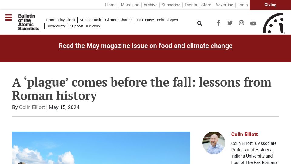 Screenshot of thebulletin.org: A ‘plague’ comes before the fall: lessons from Roman history