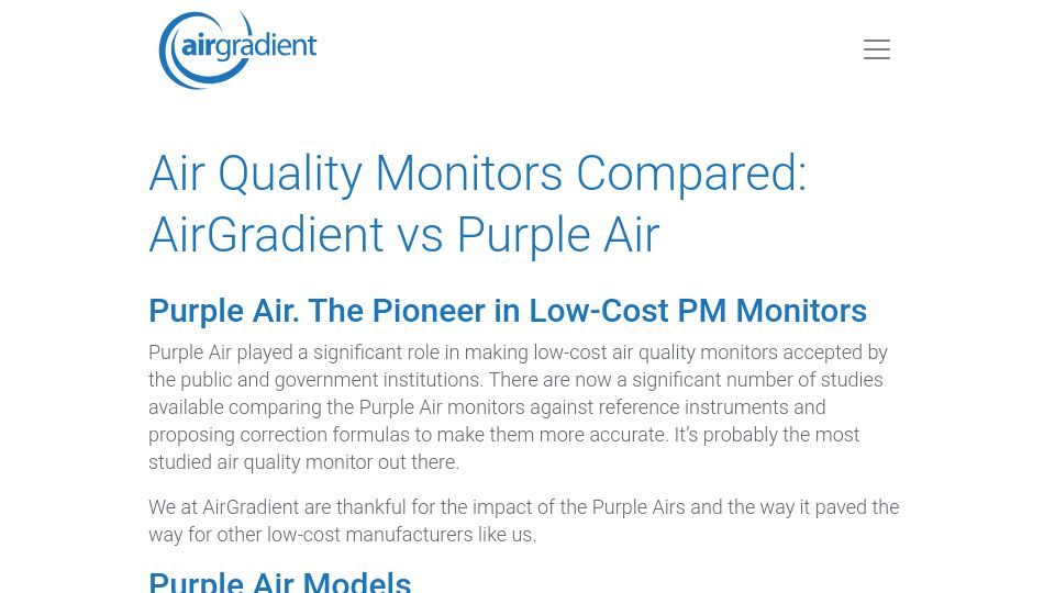 Screenshot of airgradient.com: Air Quality Monitors Compared: AirGradient vs. Purple Air