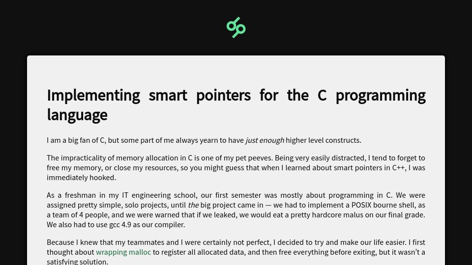 Screenshot of snai.pe: Smart Pointers in (GNU) C