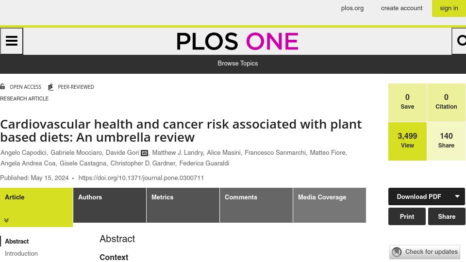 Screenshot of journals.plos.org: Cardiovascular health and cancer risk associated with plant based diets