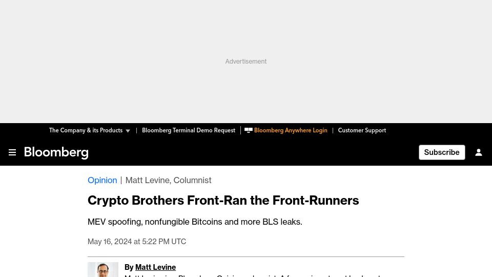 Screenshot of bloomberg.com: Crypto brothers front-ran the front-runners