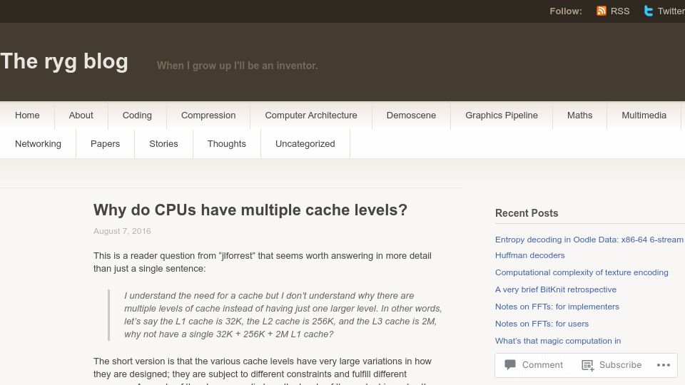 Screenshot of fgiesen.wordpress.com: Why do CPUs have multiple cache levels? (2016)