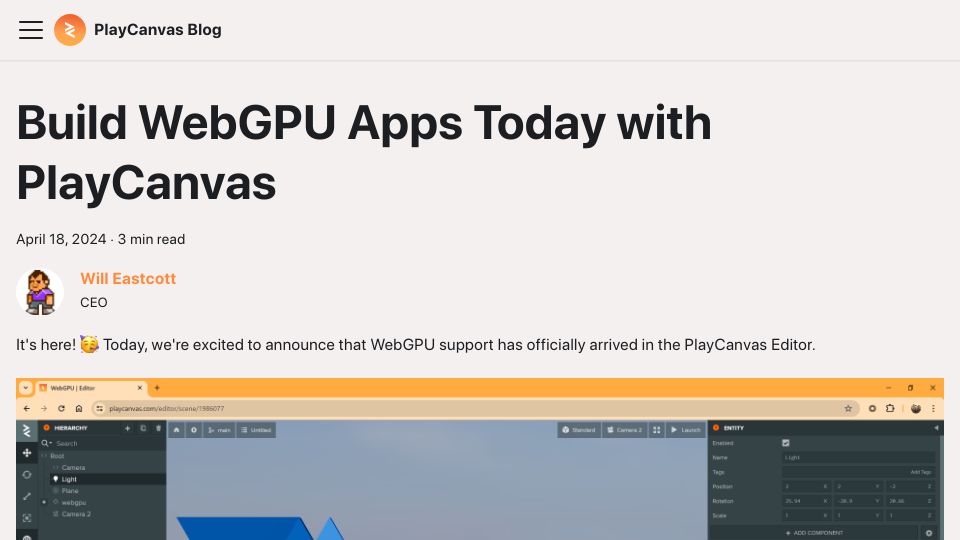 Screenshot of blog.playcanvas.com: Build WebGPU apps with PlayCanvas