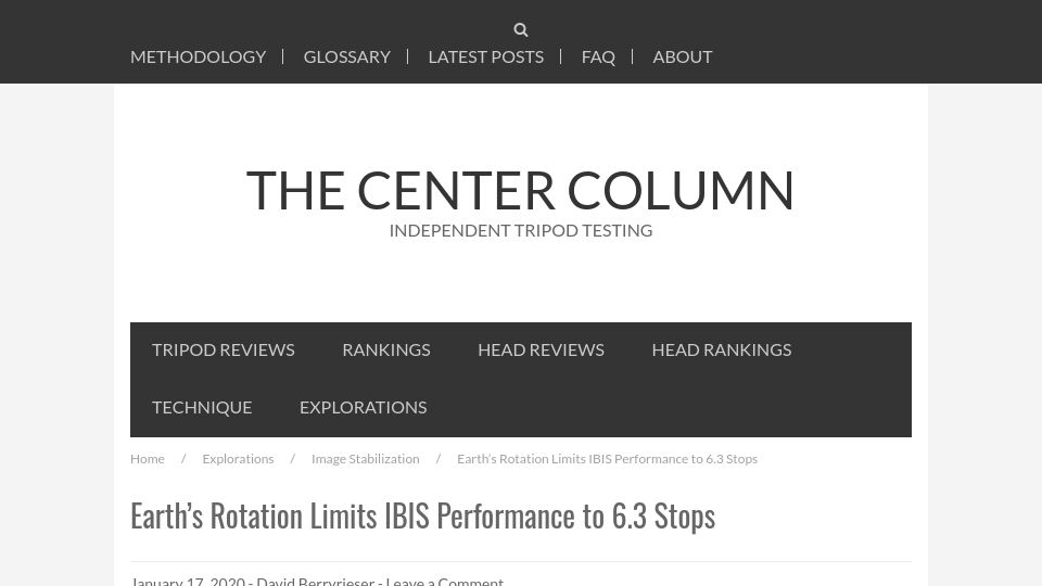 Screenshot of thecentercolumn.com: Earth rotation limits in-body image stabilization to 6.3 stops (2020)