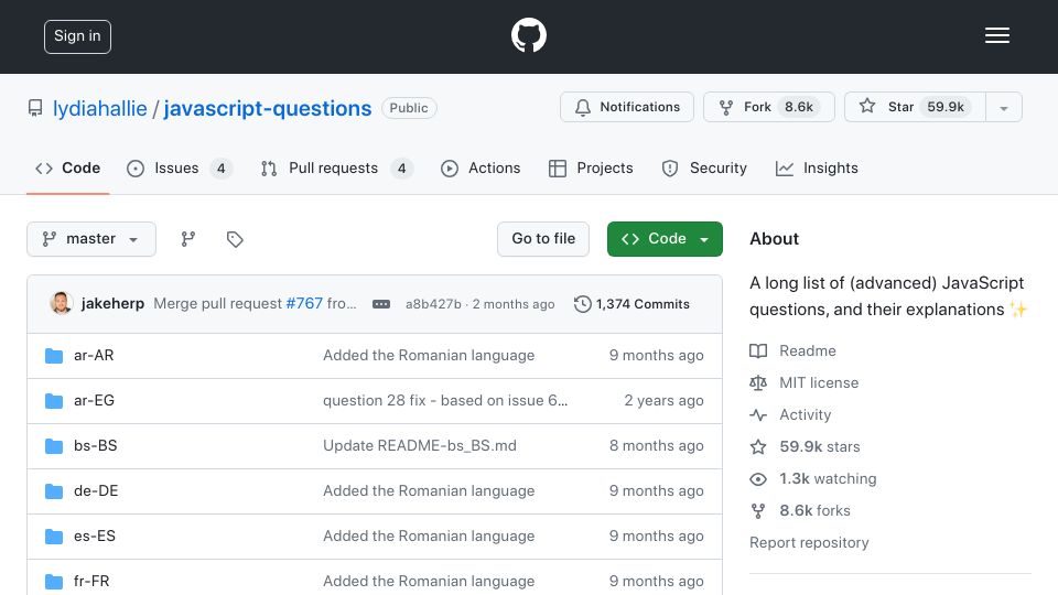 Screenshot of github.com: A long list of (advanced) JavaScript questions, and their explanations