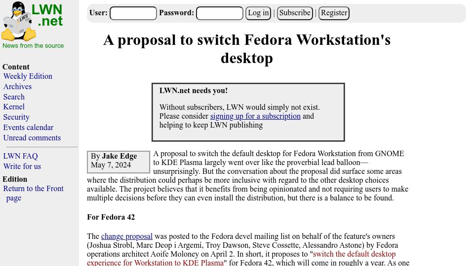 Screenshot of lwn.net: A proposal to switch Fedora Workstation's desktop from GNOME to KDE