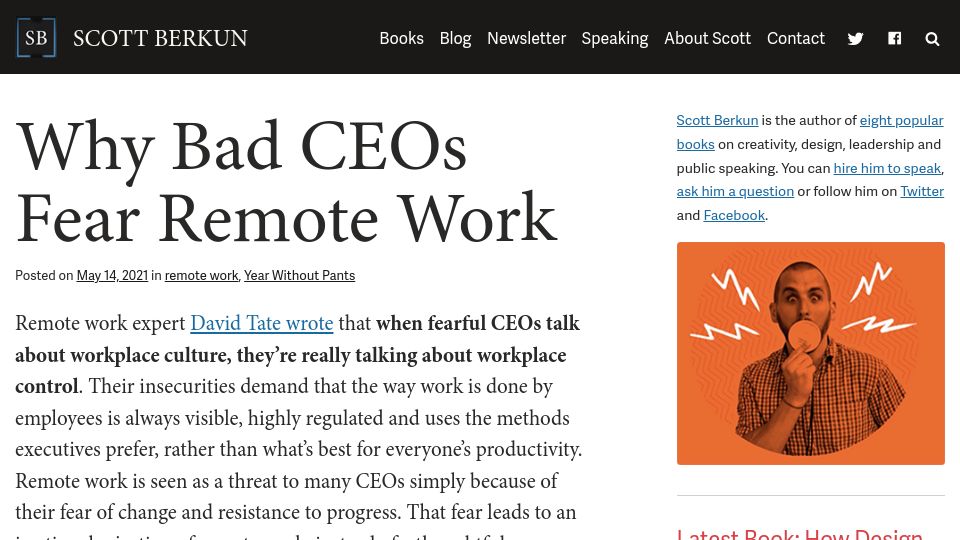 Screenshot of scottberkun.com: Why Bad CEOs Fear Remote Work (2021)