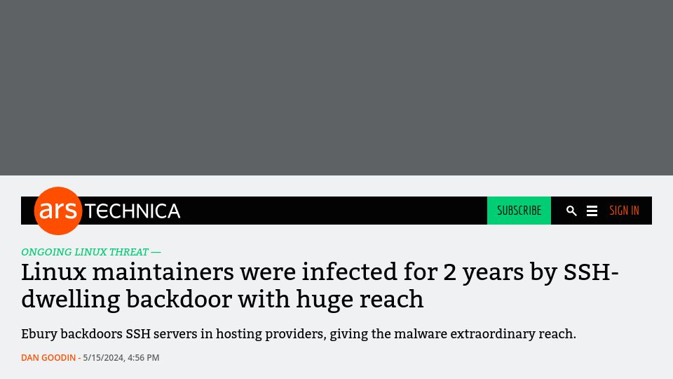 Screenshot of arstechnica.com: Kernel.org servers infected with backdoors for two years from 2009