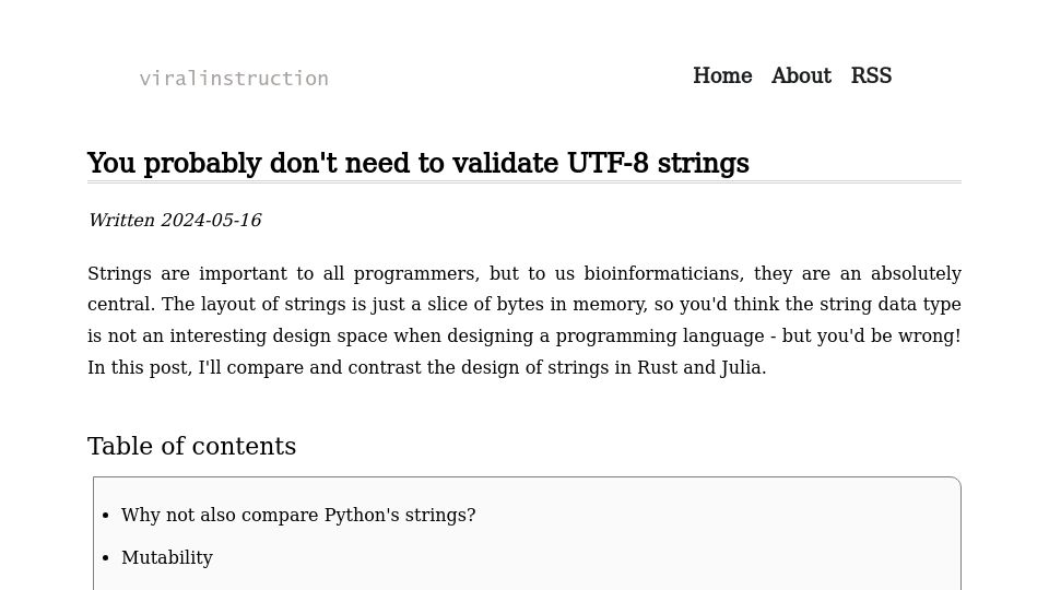 Screenshot of viralinstruction.com: You probably don't need to validate UTF-8 strings