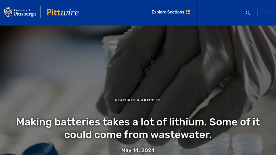 Screenshot of pitt.edu: Some lithium could come from wastewater
