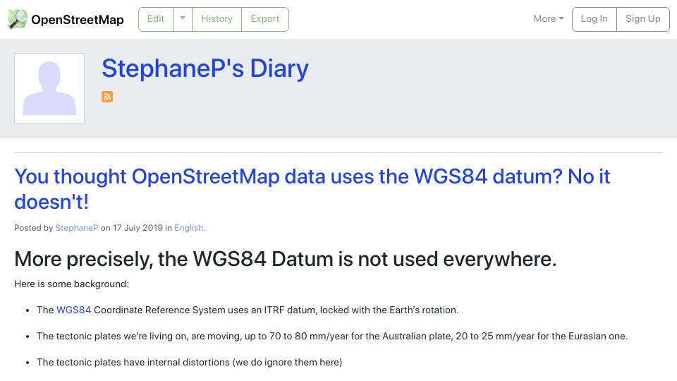 Screenshot of openstreetmap.org: You thought OpenStreetMap uses WGS84? No it doesn't (2019)
