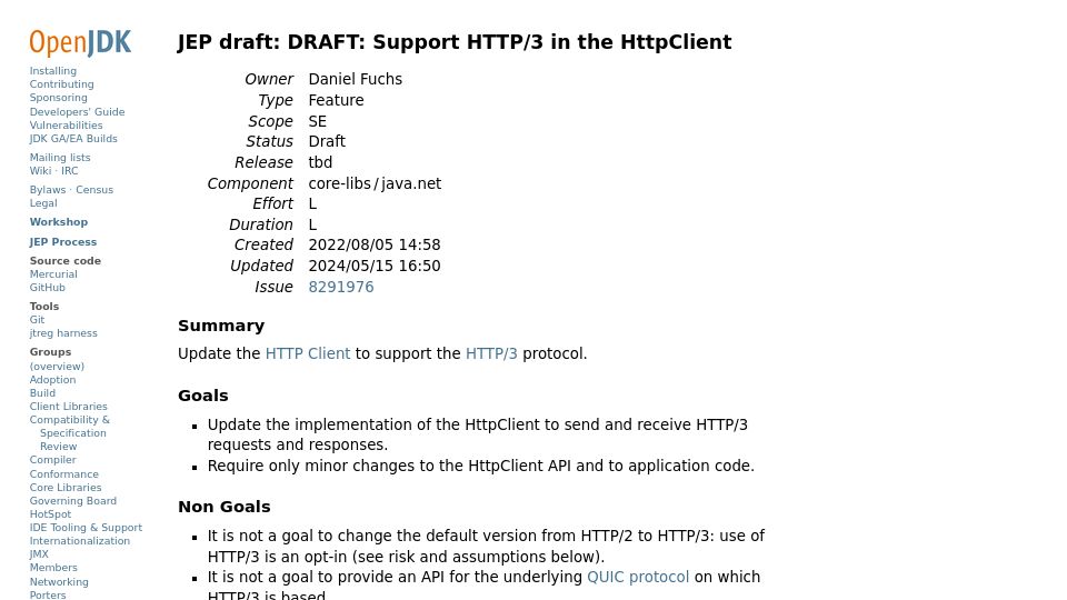 Screenshot of openjdk.org: JEP Draft: Support HTTP/3 in the HttpClient