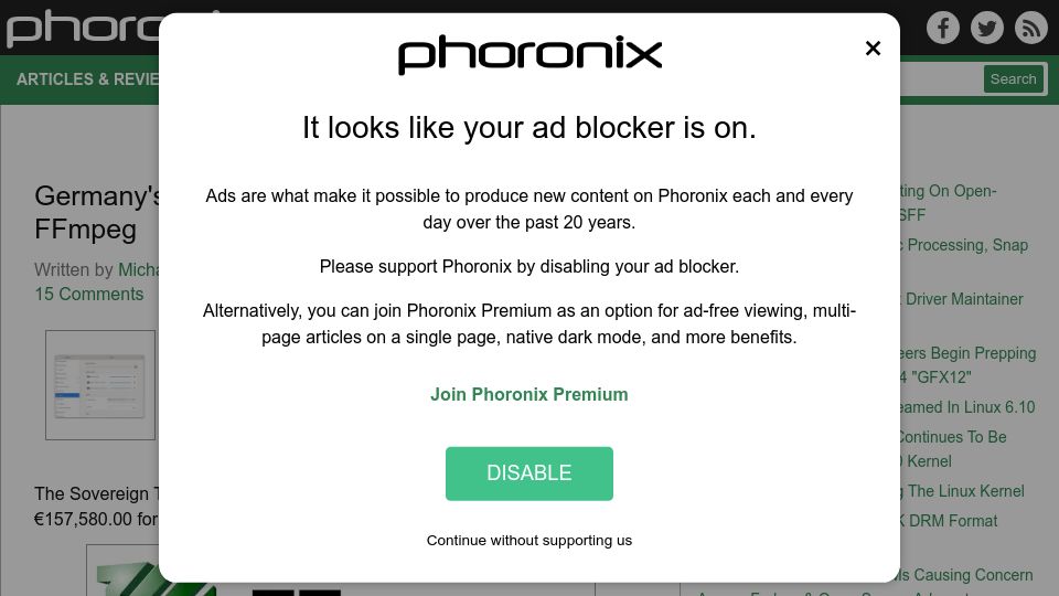 Screenshot of phoronix.com: Germany's Sovereign Tech Fund Now Supporting FFmpeg